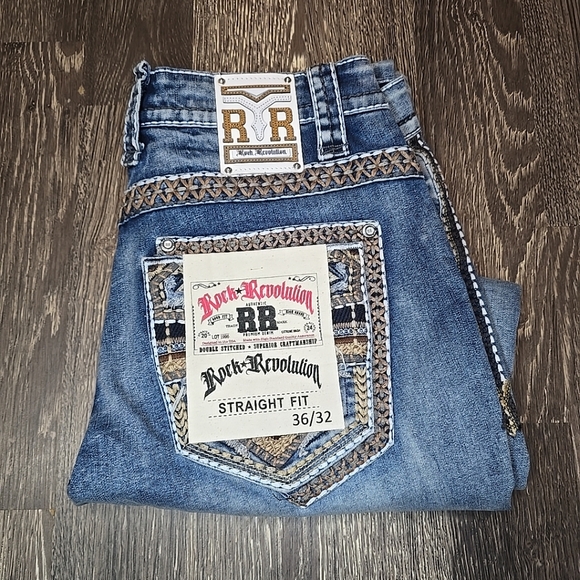 Rock ⭐️ Revolution Blue Embroidered Jeans 36W 32L - Picture 1 of 5